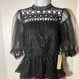 Iris Black crochet and sheer peplum top medium